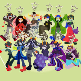 A group of colorful cartoon demon-like characters posed together on a pale green background, with silver star-shaped clips or pins shown above each figure.