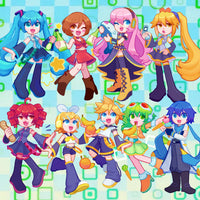 A colorful group illustration of nine anime-style female characters in varied outfits, posed together against a light blue and green patterned background. The artwork is bright and playful, with no visible real-world product packaging or environment.