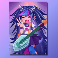 A vertical anime-style art print featuring a winking girl with long dark blue-purple hair, horn-like head accessories, a sailor-style top, and a purple skirt, holding a large teal guitar. The print is centered on a lavender-to-blue gradient background.