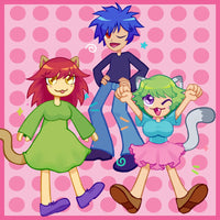 A colorful anime-style illustration of three cat-like characters dancing against a pink polka-dot background. The character on the left has red hair, yellow eyes, and a green dress with a brown tail.