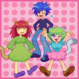 A colorful anime-style illustration of three cat-like characters dancing against a pink polka-dot background. The character on the left has red hair, yellow eyes, and a green dress with a brown tail.