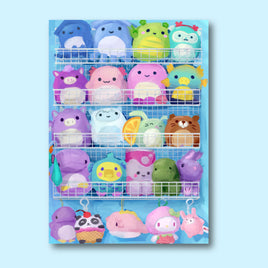 Illustrative drawing of all-mounted organizer with colorful plush toys on a light blue background